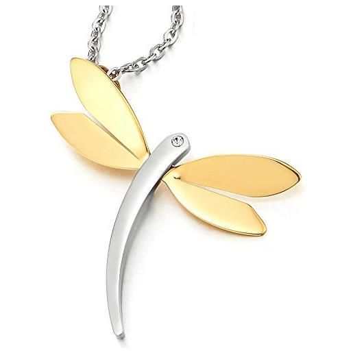 COOLSTEELANDBEYOND bello oro argento libellula ciondolo con zirconi, collana con pendente da donna ragazze, acciaio, catena 50cm