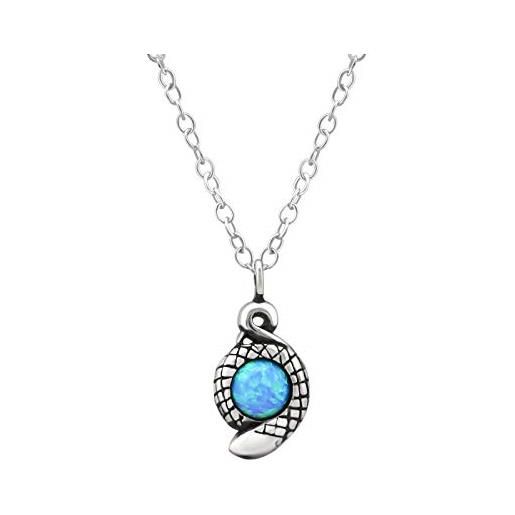 Tata Gisèle © - collana in argento rodiato 925/000 - ciondolo a forma di serpente con pietra opale blu al centro - 45 cm