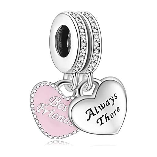 H.ZHENYUE jewelry best friend always in heart beads fit bracelet necklace for woman girls, 925 sterling silver pendant beads with cubic zirconia, birthday christmas halloween valentine's day gifts