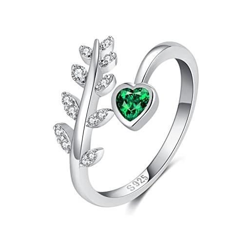 Qings anello donna cuore regolabili argento 925 pietra portafortuna mesi maggio smeraldo, foglia di olivo anelli zirconi regolabile silver bande donna gioielli regalo