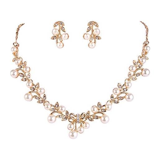 EVER FAITH set gioielli donna, cristallo perla simulata matrimonio foglia vite fiocco collana orecchini set trasparente oro-fondo