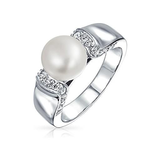 Bling Jewelry stile art deco pave cz solitaire white freshwater cultured pearl engagement ring per donne argento placcato ottone