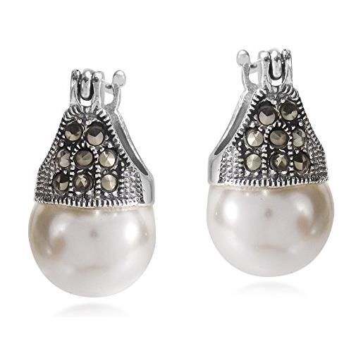 AeraVida elegante perla bianca coronata con stile marcasite pirite. 925 orecchini pendenti in argento sterling, perla, ferro, pirite