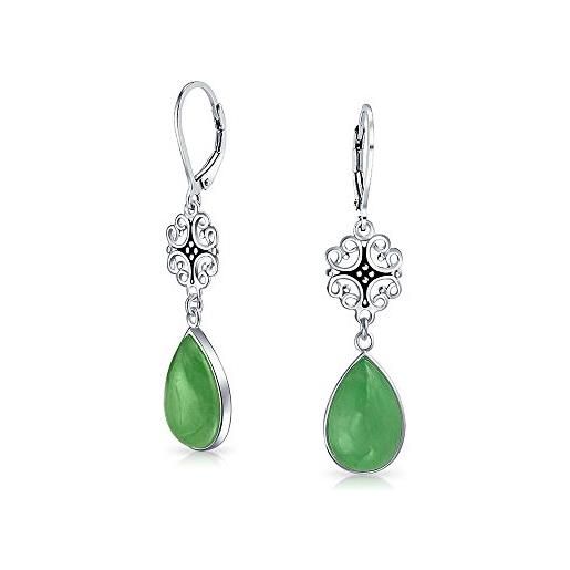 Bling Jewelry orecchini a goccia in filigrana di giada verde tinta a forma di pera di buona fortuna per le donne. 925 sterling silver