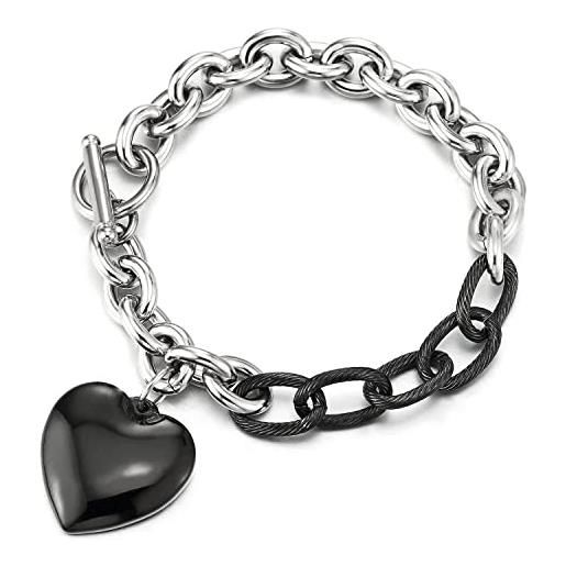 COOLSTEELANDBEYOND nero argento rolo catena charm bracciale soffio cuore, braccialetto di fascino, acciaio inossidabile, link lucido