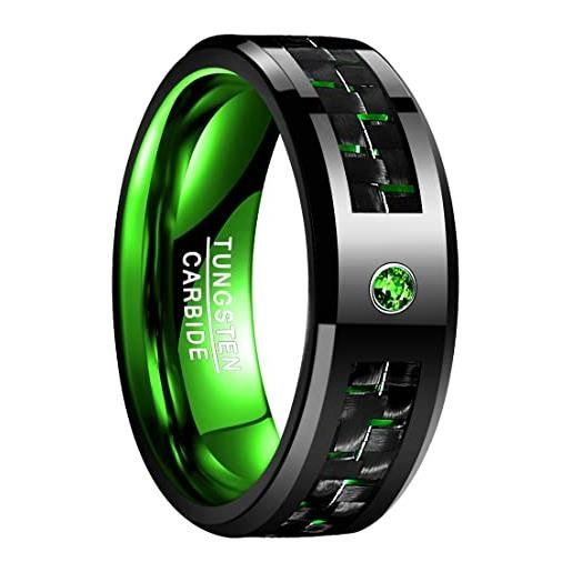 NUNCAD 8mm anello uomo donna nero in tungsteno con fibra di carbonio e zircone verde, anello fidanzamento quotidiano moda taglia 24.5