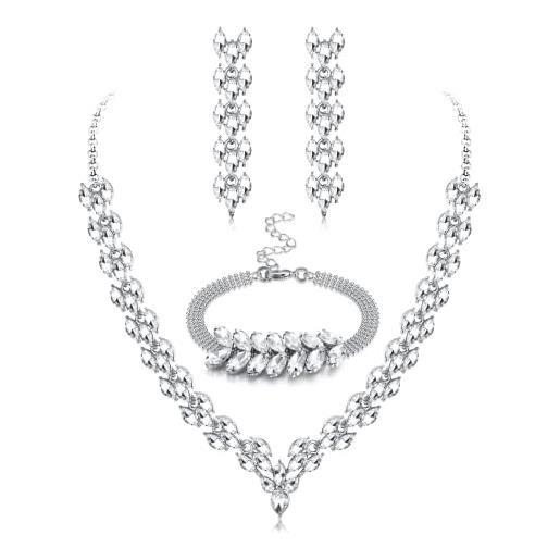 JeryWe parure gioielli set per donna cristallo collana strass orecchini pendenti e bracciale per sposa damigella d'onore matrimoni prom parure gioielli（stile2）