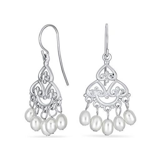 Bling Jewelry bali stile bianco d'acqua dolce coltivato perla boho filigrana dangle orecchini a lampadario per le donne teen. 925 sterling silver