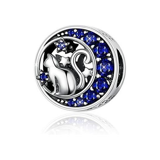 Fanona ciondolo a forma di gatto in argento sterling 925 in una luna con stelle di zirconia cubica blu, compatibile con braccialetti e collane pandora. 