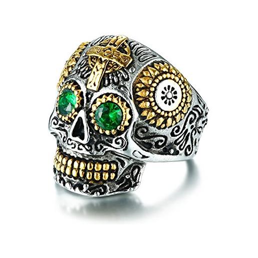 Anazoz - anello da uomo in acciaio inox, a forma di teschio, con croce, colore: oro, verde, argento, taglia 20-30 e acciaio inossidabile, 20, cod. Anaxpj05jz139