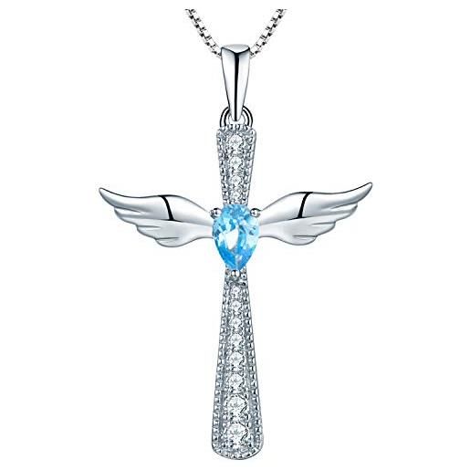 YL collana croce ala d'angelo 925 argento pietra portafortuna di marzo acquamarina ciondolo angelo custode per donna, catena 45+3cm
