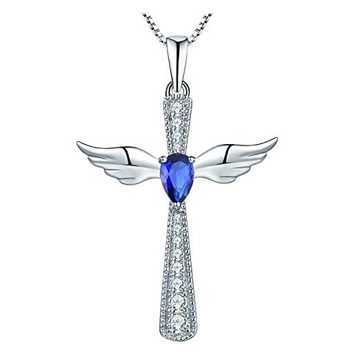 YL collana croce ala d'angelo 925 argento pietra portafortuna di settembre spinello blu ciondolo angelo custode per donna, catena 45+3cm