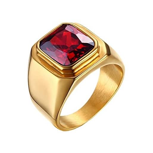 HIJONES anello da uomo in pietra in acciaio inossidabile placcato in oro nero con zirconi quadrati grandi vintage rosso misura 29