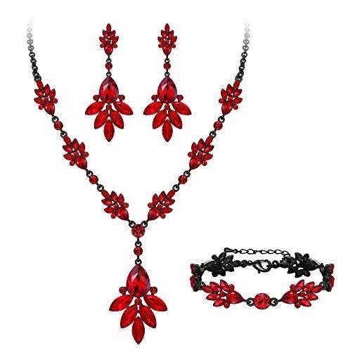 Clearine matrimonio sposa jewellery set goccia marquise cristalli collana orecchini bracciale set regalo per donne spose rosso colore nero-fondo
