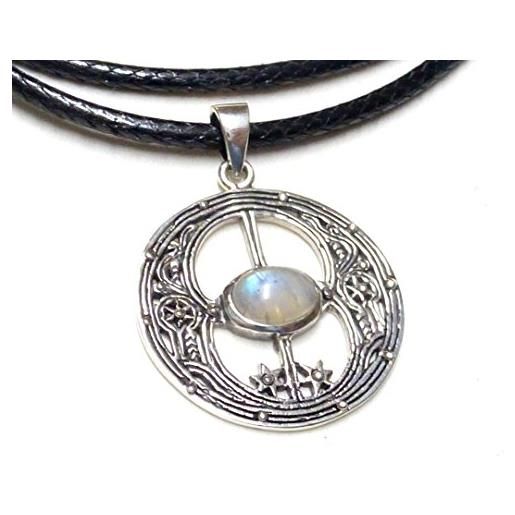 Silberschmuck - BG ciondolo con pietra di luna, motivo: avalon, in argento sterling, con nastro in tessuto, 45 cm, simbolo di protezione, argento sterling, pietra di luna