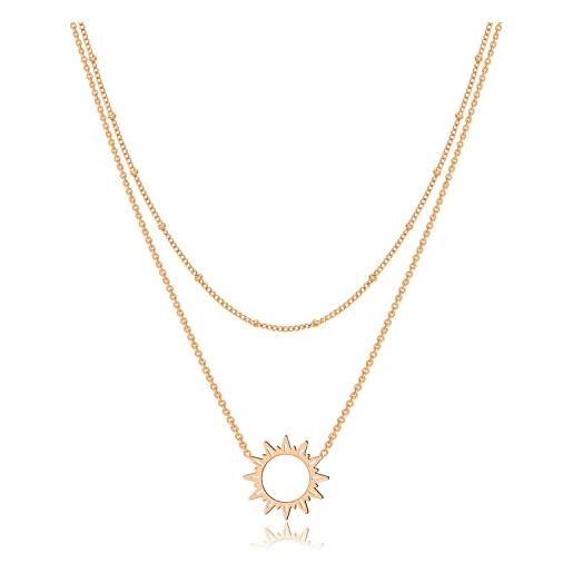 KristLand 18k oro placcato acciaio al titanio donne collana stile semplice pendente forma del sole cerchio gioielli da donna sole sonne collana doppio strato oro rosa