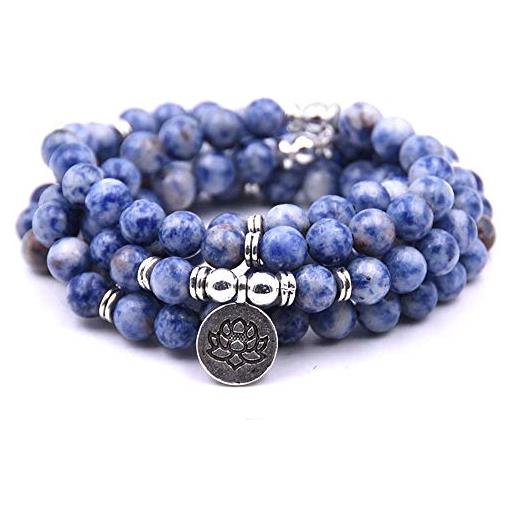 Self-Discovery bracciale mala yoga con 108 perline naturali con ciondolo loto (agata di pizzo blu (blue lace agate))