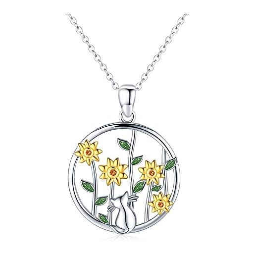 Midir&Etain collana con ciondolo a forma di gatto con girasole, in argento sterling 925, con ciondolo a forma di gatto con scritta you are my sunshine, regalo per ragazze e donne, argento sterling