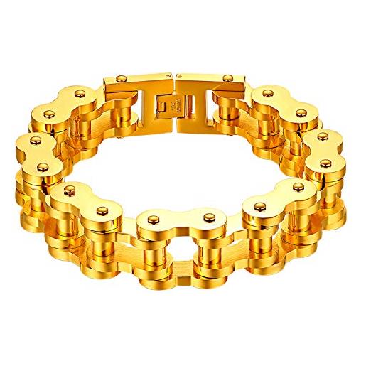 OIDEA bracciale braccialetto da uomo in acciaio inossidabile, pesante e largo catena bici moto colore oro regalo perfetto