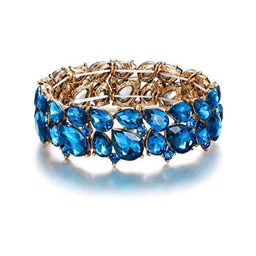 EVER FAITH braccialetto donna, abiti gioielli cristallo art deco 2 strato goccia elasticità bracciale per incontro blu antico oro-fondo