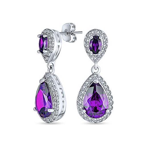 Bling Jewelry orecchini a goccia viola con zirconi cubici a forma di teardrop e halo di moda per donne promozione ametista simulata placcati argento in ottone