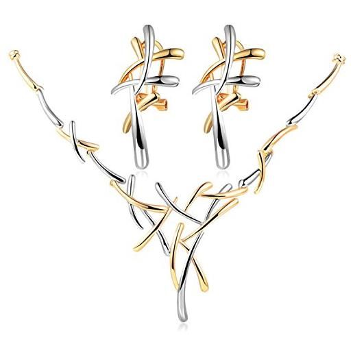 Epinki parure collana orecchini, in acciaio inox, rami d'albero, orecchini e collana, set gioielli donna, 43 + 5,5 cm, argento oro
