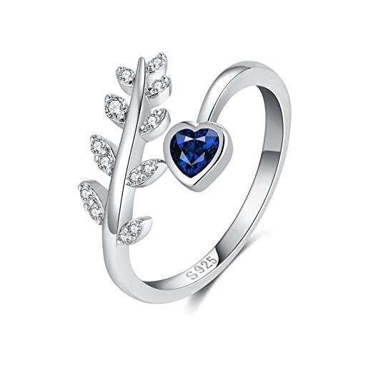 Qings anello donna cuore regolabili argento 925 pietra portafortuna mesi settembre zaffiro, foglia di olivo anelli zirconi regolabile silver bande donna gioielli regalo