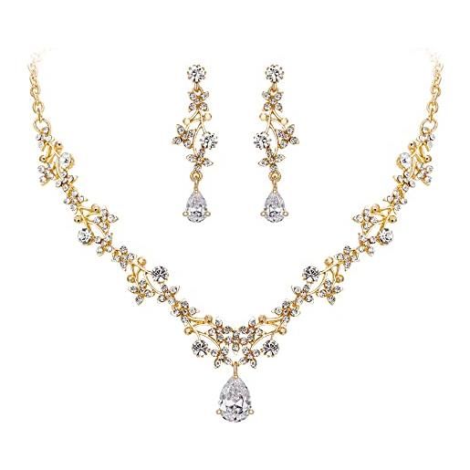 Clearine set di gioielli set per matrimonio cristalli foglia vite floreale rotolo goccia v collana orecchini set oro trasparente-fondo