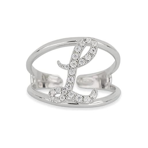 Artlinea, anello in argento 925 sterling, gioiello personalizzato con la lettera l corsiva, con pavé zirconi, retro aperto con misura regolabile 19-24, made in italy
