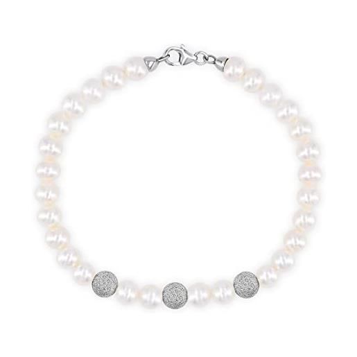 JEWELAB.it - bracciale donna perle naturali d'acqua dolce 6-6,5 mm con 3 sfere diamantate in oro bianco 18 kt, lunghezza 18,5 cm
