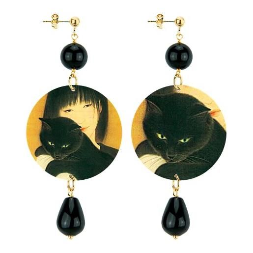 In lebole collezione the circle ragazza con gatto nero orecchini da donna in ottone pietra rubino