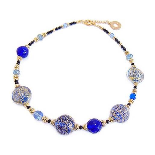 VENEZIA CLASSICA - collana da donna girocollo con perle in vetro di murano originale, collezione linde, blu con foglia in oro 24kt, made in italy certificato