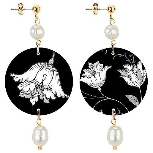 In lebole collezione the circle piccoli fiore bianco fondo nero orecchini da donna in ottone pietra perla