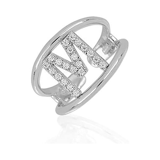Artlinea, anello in argento 925 sterling, gioiello personalizzato con la lettera m maiuscola, con pavé zirconi, retro aperto con misura regolabile 5-11, made in italy