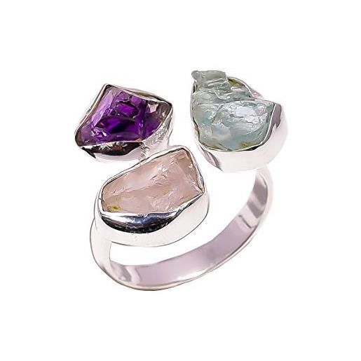 Lavie Jewelz anello regolabile in argento sterling 925, ametista grezza naturale quarzo rosa acquamarina pietre preziose donne gioielli rsr3044 e argento, 53 (16.9), cod. Rsr3044a