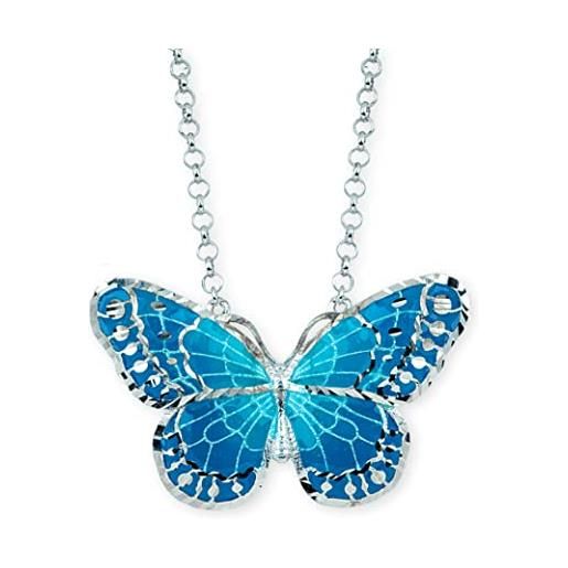 Artlinea, collana in argento 925, gioiello rodiato con pendente a farfalla, smalto azzurro a cattedrale eseguito a mano, chiusura a moschettone, made in italy