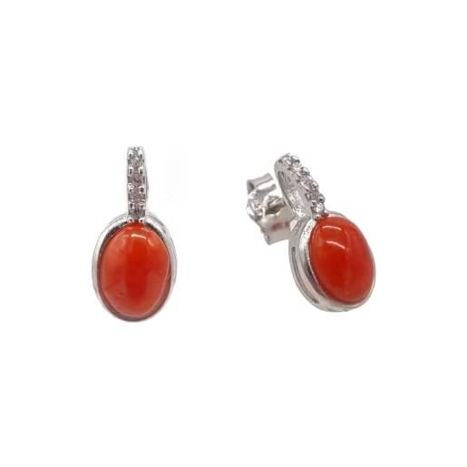 sicilia bedda - gioielli in corallo rosso del mediterraneo e zirconi - argento 925 - prodotto realizzato a mano (orecchini ovali con zirconi pendenti)