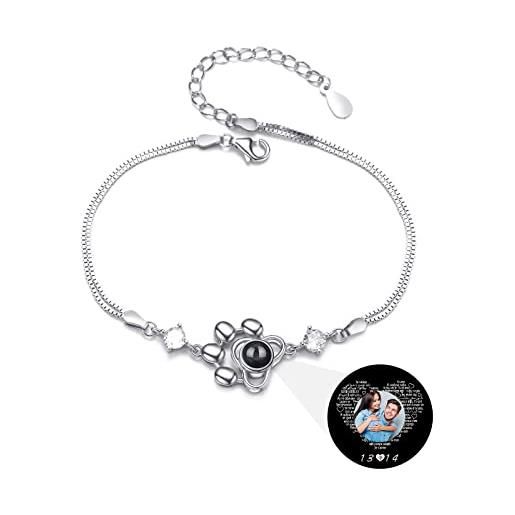 QNTYCT braccialetto personalizzato con proiezione di foto braccialetto personalizzato con zampa di cane braccialetto in argento sterling 925 ti amo 100 lingue regali per coppie donne natale (d'argento)