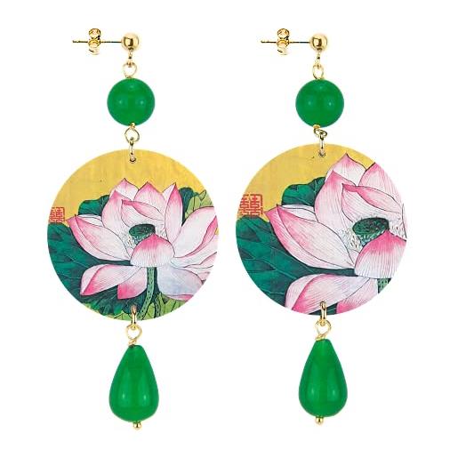 In lebole collezione the circle fiore rosa e bianco fondo oro orecchini da donna in ottone pietra verde