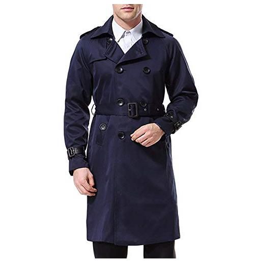 AOWOFS trench doppiopetto da uomo con cintura risvolto lungo cappotto giacca da lavoro primavera, blu navy, m