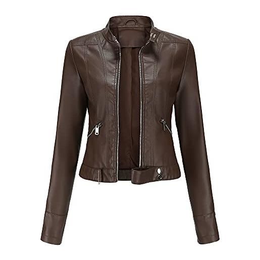 YYNUDA elegante giacca da donna in finta pelle con cerniera lampo corta pu moto biker outwear aderente cappotto slim, nero , xl