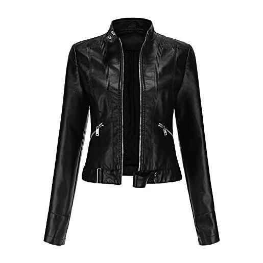 YYNUDA giacca da donna elegante in ecopelle con cerniera per moto corta pu moto biker outwear aderente cappotto sottile, marrone, 3xl