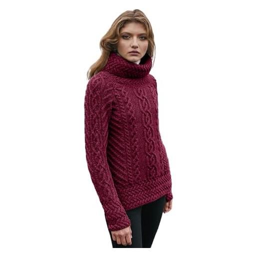 SAOL 100% lana merino fisherman collo imbuto irlandese aran pullover da donna, velluto rosso, xs