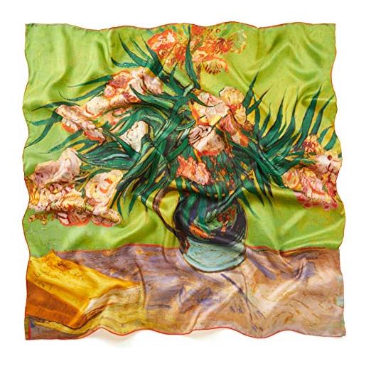 prettystern donna 90cm elegante di raso seta foulard scialli fazzoletti da collo stampa artistica verde van gogh vaso con rose c588
