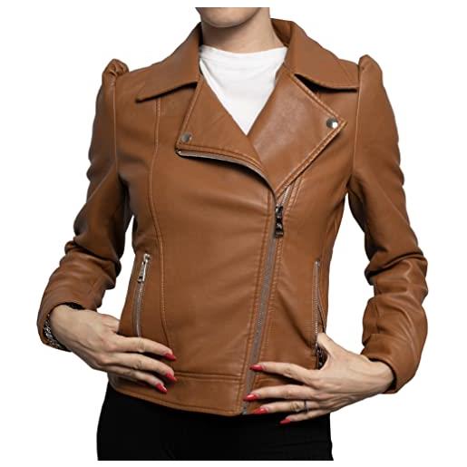 QUEEN HELENA chiodo giacca in ecopelle borchiata giubbino corto giacchetta casual biker motociclista leggera comoda donna y3006 (m, marrone)