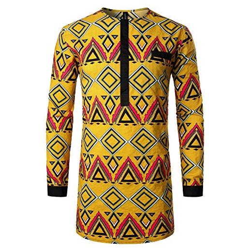 LucMatton camicia dashiki a maniche lunghe con bottoni nascosti stampati con motivo tradizionale africano con tasca, marina militare, m