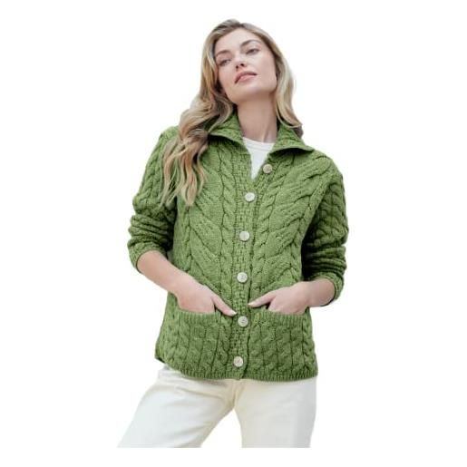 Aran Woollen Mills maglione cardigan irlandese da donna made in irlanda cappotto in lana merino super. Soft, meadow green, m