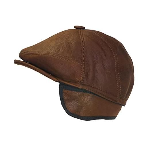 CUCUBA coppola cappello da uomo in pelle di montone shearling - berretto con visiera e paraorecchie - marrone scuro (xl)