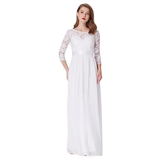 Ever-Pretty vestito donna elegante cerimonia 3/4 manich stile impero maxi linea ad a pizzo chiffon abiti da damigella bianca 46