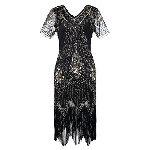 JaosWish vestito da donna in stile vintage anni '20, con frangia, decorato con perline, con maniche, raffinato in stile art déco, per feste e balli nero xx-large